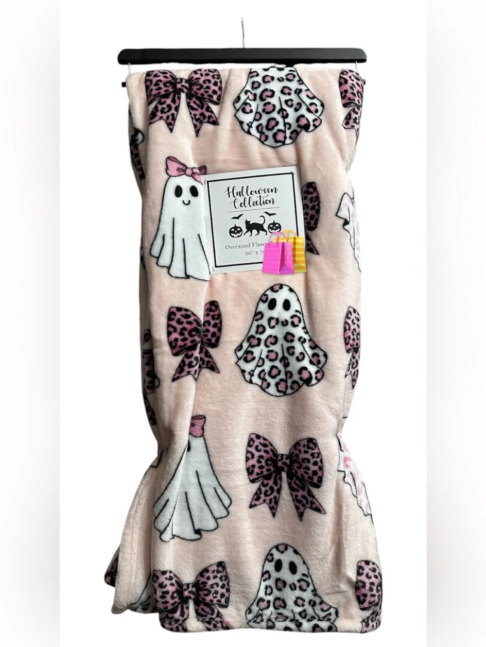 Halloween Pink Ghost & Leopard Bow Plush Throw Blanket
